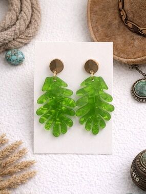 Green Leaf Acrylic Dangle Earrings